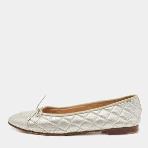 Chanel Silver Quilted Leather Bow Ballet Flats Size 41.5