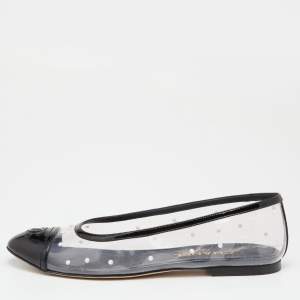 Pre Owned Chanel Black PVC and Patent Leather Pearl CC Cap Toe Ballet Flats Size 39