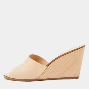 Chanel Beige Leather CC Wedges Slide Sandals Size 39