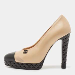 Chanel Beige/Black Leather CC Quilted Platform Pumps Size 36.5