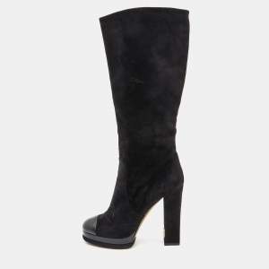 Chanel Black Suede Platform Knee Length CC Block Heel Boots Size 39.5