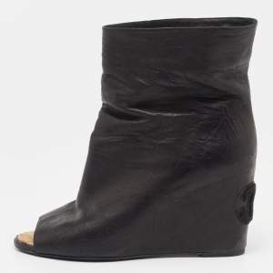 Chanel Black Leather Peep Toe Wedge Ankle Boots Size 40