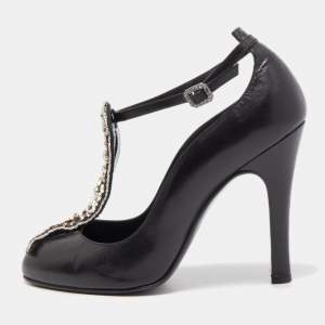 Chanel Black Leather Crystal Embellished T-Strap Pumps Size 38