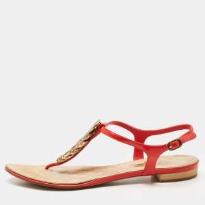 Chanel Red Leather CC Coin T-Strap Flat Sandals Size 39.5