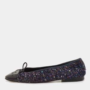 Pre Owned Chanel Multicolor Patent and Tweed CC Cap Toe Ballet Flats Size 39.5