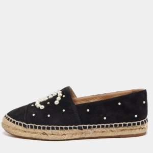Chanel Black Suede Faux Pearl Accents CC Cap Toe Slip On Espadrilles Size 37