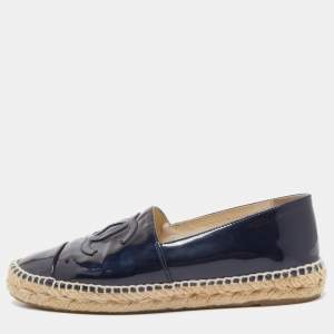 Chanel Black Patent Leather CC Espadrille Flats Size 39
