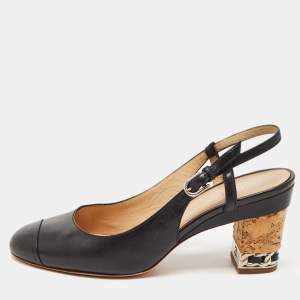 Chanel Black Leather CC Chain Cork Heel Singback Pumps Size 38