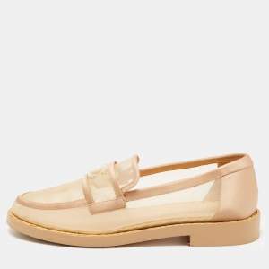 Pre Owned Chanel Beige Mesh and Satin Faux Pearl Embellished CC Loafers Size 36.5