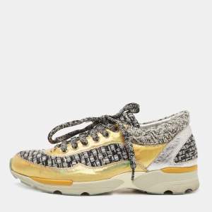 Pre Owned Chanel Gold/Silver Leather and Tweed CC Lace Up Sneakers Size 37.5