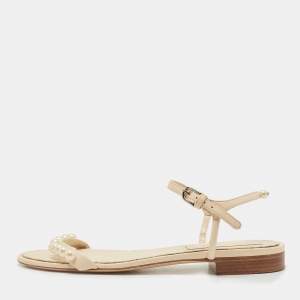 Chanel Cream Leather Faux Pear Embellished Ankle Strap Sandals Size 36.5