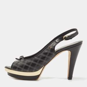 Chanel Black/Gold Leather CC Bow Peep Toe Platform Slingback Pumps Size 39.5