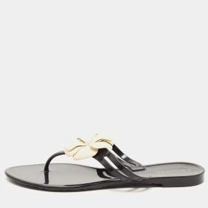 Chanel Black Rubber Camellia Thong Flats Size 40