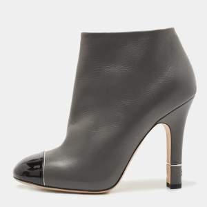 Chanel Grey/Black Leather and Patent Cap Toe CC Ankle Booties Size 37.5