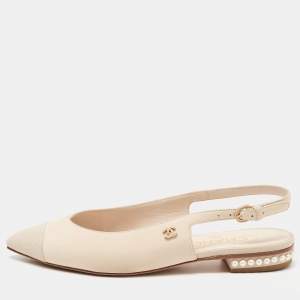 Chanel Beige/Grey Nubuck Leather Pearl Embellished Slingback Sandals Size 37