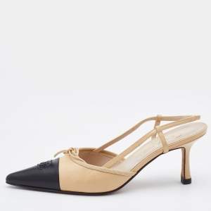 Chanel Beige/Black Leather Bow CC Cap Toe Pointed Pumps Size 38