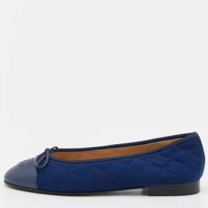Chanel Blue Quilted Fabric and Leather CC Cap Toe Bow Ballet Flats Size 37