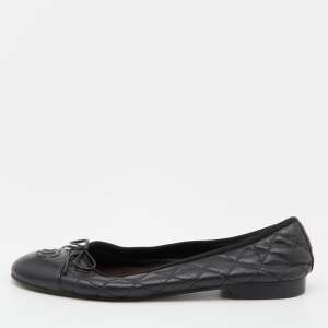 Chanel Black Quilted Leather CC Bow Ballet Flats Size 37.5