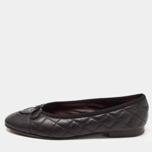 Chanel Black Quilted Leather CC Cap Toe Bow Ballet Flats Size 36.5