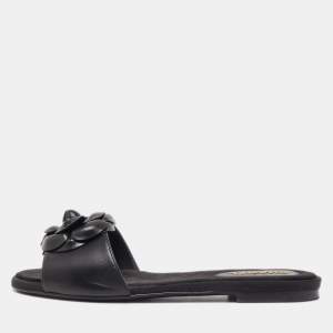 Chanel Black Leather Camellia Flat Slides Size 37