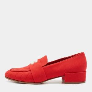 Chanel Red Canvas Beaded CC Loafer Pumps Size 36