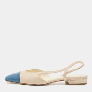 Pre Owned Chanel Blue/Cream Leather  Cap Toe CC Slingback Flat Sandals Size 37