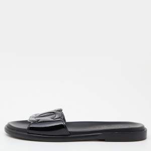 Chanel Black Patent Leather CC Flats Slide Size 37