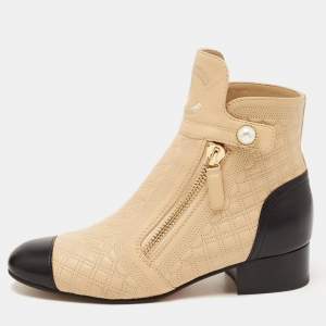 Chanel Beige/Black Quilted Leather Pearl Embellished Ankle Boots Size 37