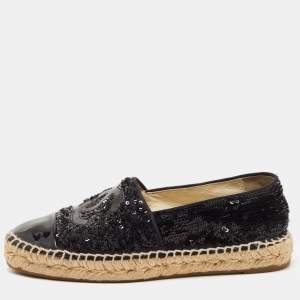 Pre Owned Chanel Black Sequins and Patent Leather CC Cap Flat Espadrille Size 37