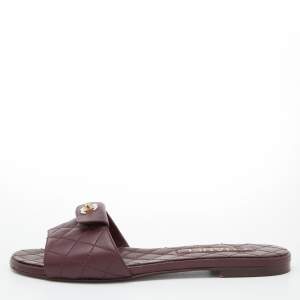Chanel Burgundy Quilted Leather CC Logo Flat Sandals Size 38
