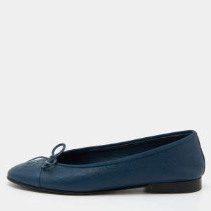 Chanel Blue Caviar Leather CC Bow Ballet Flats Size 37.5
