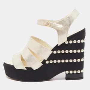 Chanel Gold Laminated Suede CC Faux Pearl Wedge Strappy Sandals Size 38