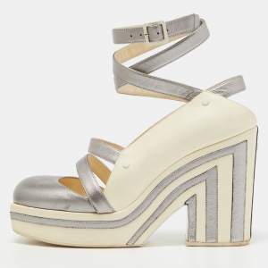Chanel Metallic Grey and Cream Leather Ankle Wrap Square Toe Platform Pumps Size 38.5