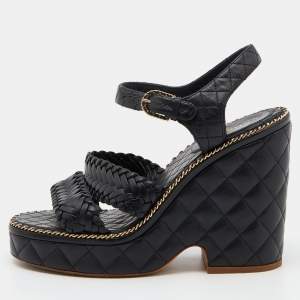 Chanel Black Braided Leather CC Chain Link Wedge Platform Sandals Size 40