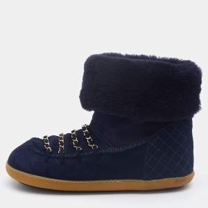 Chanel Navy Blue Suede and Shearling  Fur Chain Link Ankle Boots Size 39.5