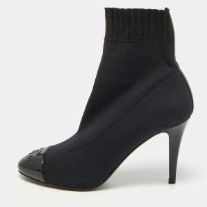 Chanel Black Knit Fabric and Patent Leather CC Cap Toe Ankle Booties Size 38