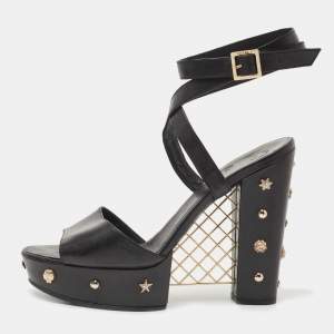 Chanel Black Leather Embellished CC Block Heel Ankle Strap Sandals Size 40.5
