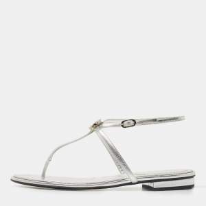 Pre Owned Chanel Silver Foil Leather Crystal Embellished CC Thong Flat Sandals Size 38