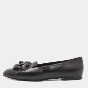 Chanel Black Leather Camellia Flower CC Slip On Smoking Slippers Size 42
