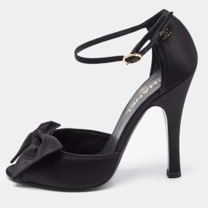 Chanel Black Satin Bow CC Ankle Strap Sandals Size 39.5