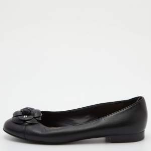 Pre Owned Chanel Black Leather CC Camelia Ballet Flats Size 38.5