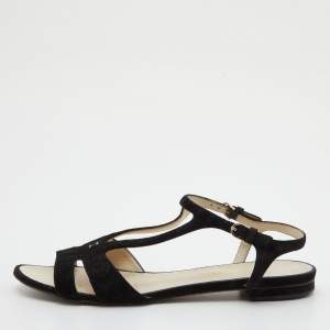Chanel Black Suede Cut Out Flat Sandals Size 37.5