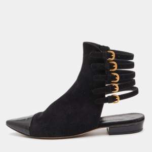 Chanel Black Suede and Patent Leather Strappy Ankle Boots Size 37.5