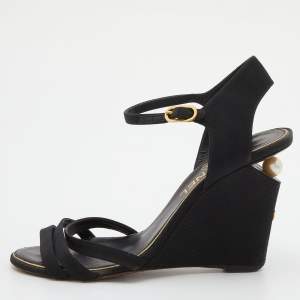 Chanel Black Canvas Pearl-Embellished Wedge Sandals Size 38