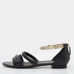 Chanel Black Quilted Leather Embellished Ankle Cuff Flat Sandals Size 38.5