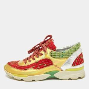 Pre Owned Chanel Multicolor Tweed and Leather CC Low Top Sneakers Size 38
