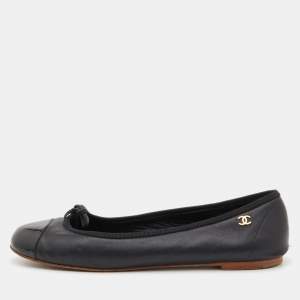 Pre Owned Chanel Black Leather and Patent Cap Toe Bow CC Ballet Flats Size 38
