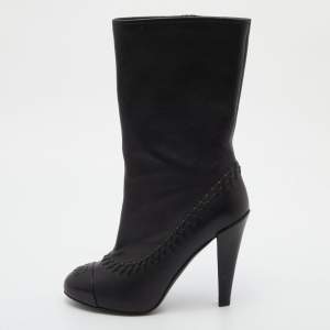 Chanel Black Whipstitch Leather CC Cap Toe Mid Calf Boots Size 38.5
