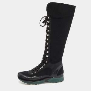 Chanel Black Tweed and Leather Knee High Sneaker Boots Size 37.5