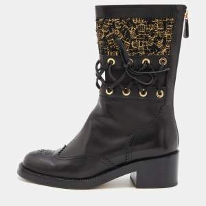 Chanel Black/Gold Leather and Tweed Mid Calf Boots Size 38